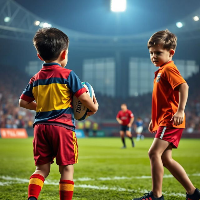 A rugby match scene featuring two young boys playing rugby in a stadium