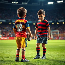 A rugby match scene featuring two young boys playing rugby in a stadium