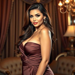 A voluptuous woman with a confident expression, beautifully posed in a glamorous setting