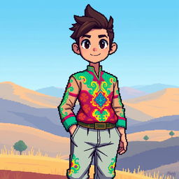 A pixel art game character wearing a long sleeve shirt and trousers, designed with vibrant colors and intricate patterns