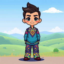 A pixel art game character wearing a long sleeve shirt and trousers, designed with vibrant colors and intricate patterns