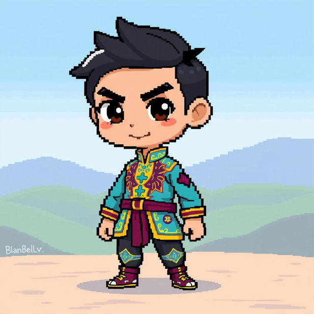 A pixel art game character wearing a long sleeve shirt and trousers, designed with vibrant colors and intricate patterns