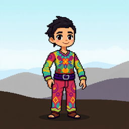 A pixel art game character wearing a long sleeve shirt and trousers, designed with vibrant colors and intricate patterns