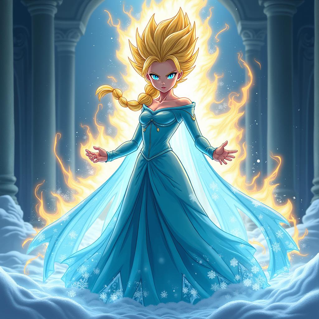 Princess Elsa from Frozen transformed into a Super Saiyan, depicted in the iconic Dragon Ball Z style