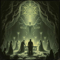 An esoteric ceremony featuring mysterious entities, a mysterious cult, and spectral figures amidst a cavernous backdrop