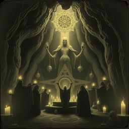 An esoteric ceremony featuring mysterious entities, a mysterious cult, and spectral figures amidst a cavernous backdrop