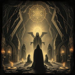 An esoteric ceremony featuring mysterious entities, a mysterious cult, and spectral figures amidst a cavernous backdrop