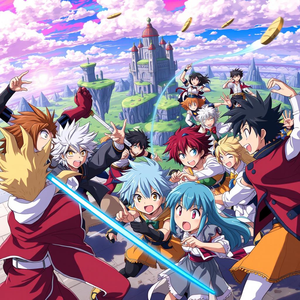 A vibrant and dynamic anime scene featuring a group of diverse characters engaged in an epic battle