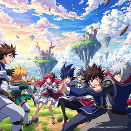 A vibrant and dynamic anime scene featuring a group of diverse characters engaged in an epic battle