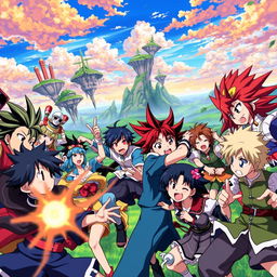 A vibrant and dynamic anime scene featuring a group of diverse characters engaged in an epic battle