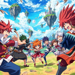 A vibrant and dynamic anime scene featuring a group of diverse characters engaged in an epic battle