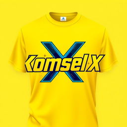 A vibrant yellow t-shirt design featuring the bold text 'Komsel X' prominently displayed in a modern and eye-catching font