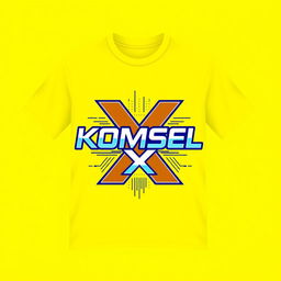 A vibrant yellow t-shirt design featuring the bold text 'Komsel X' prominently displayed in a modern and eye-catching font