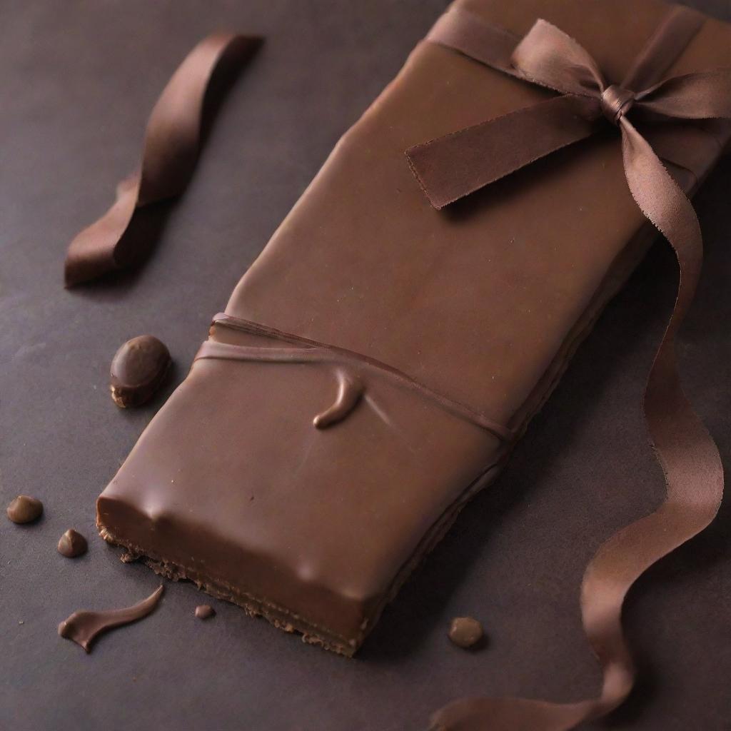 A rich and indulgent milk chocolate bar melting seductively, revealing silky ribbons of liquid chocolate.