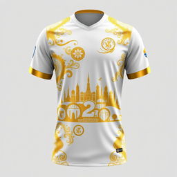 A captivating sports jersey design featuring elegant white and gold colors, inspired by the cultural elements of Bengkulu city