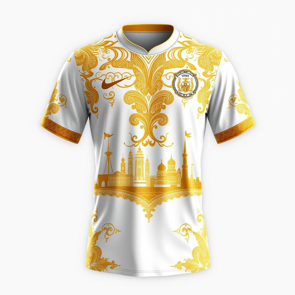 A captivating sports jersey design featuring elegant white and gold colors, inspired by the cultural elements of Bengkulu city