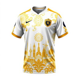 A captivating sports jersey design featuring elegant white and gold colors, inspired by the cultural elements of Bengkulu city