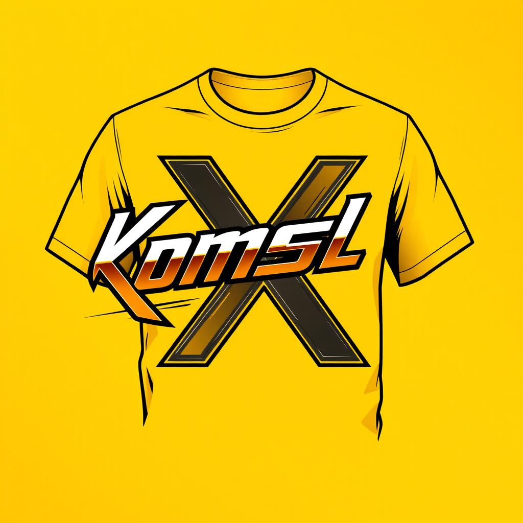 A stylish yellow-orange t-shirt design featuring the italicized text 'Komsel X' prominently displayed in a modern and dynamic font