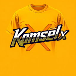 A stylish yellow-orange t-shirt design featuring the italicized text 'Komsel X' prominently displayed in a modern and dynamic font