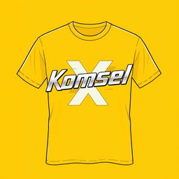A stylish yellow-orange t-shirt design featuring the italicized text 'Komsel X' prominently displayed in a modern and dynamic font