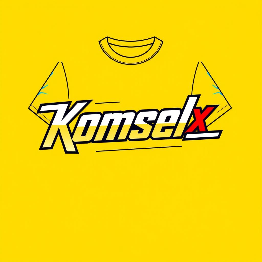 A stylish yellow t-shirt design featuring the italicized text 'Komsel X' prominently displayed in a modern and dynamic font