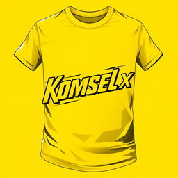 A stylish yellow t-shirt design featuring the italicized text 'Komsel X' prominently displayed in a modern and dynamic font