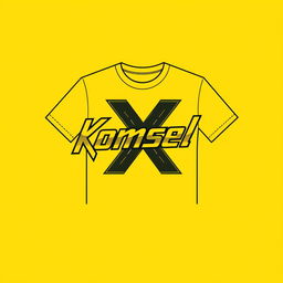 A stylish yellow t-shirt design featuring the italicized text 'Komsel X' prominently displayed in a modern and dynamic font