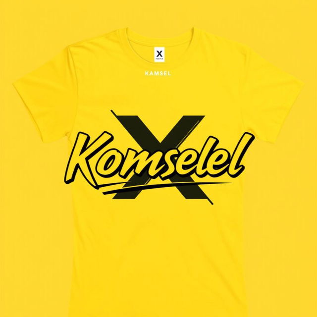 A trendy yellow t-shirt design featuring the stylish text 'Komsel X' prominently in a sleek and modern font