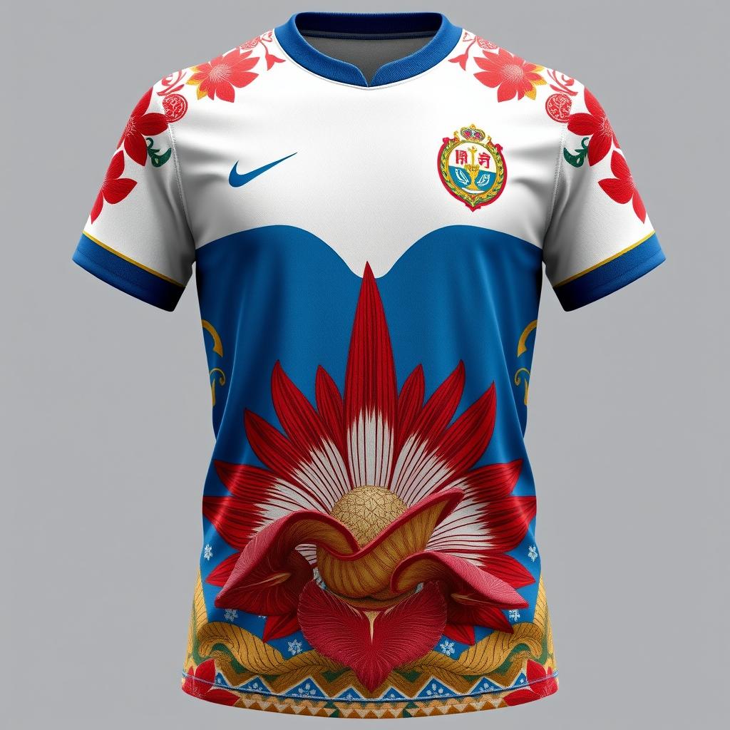 A jersey design inspired by the vibrant culture of Bengkulu, prominently featuring the exotic Rafflesia flower, a symbol of the region