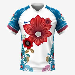 A jersey design inspired by the vibrant culture of Bengkulu, prominently featuring the exotic Rafflesia flower, a symbol of the region