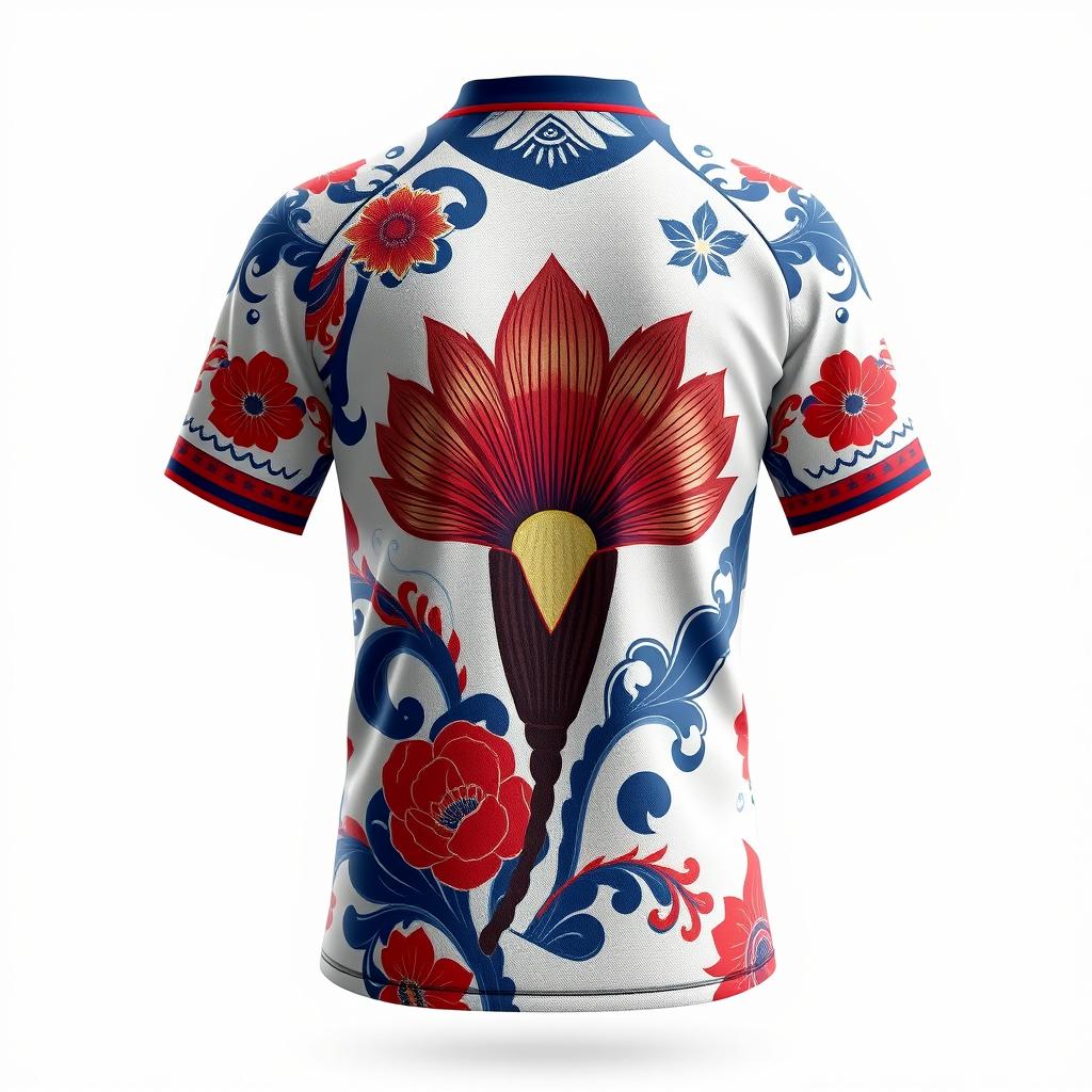 A jersey design inspired by the vibrant culture of Bengkulu, prominently featuring the exotic Rafflesia flower, a symbol of the region