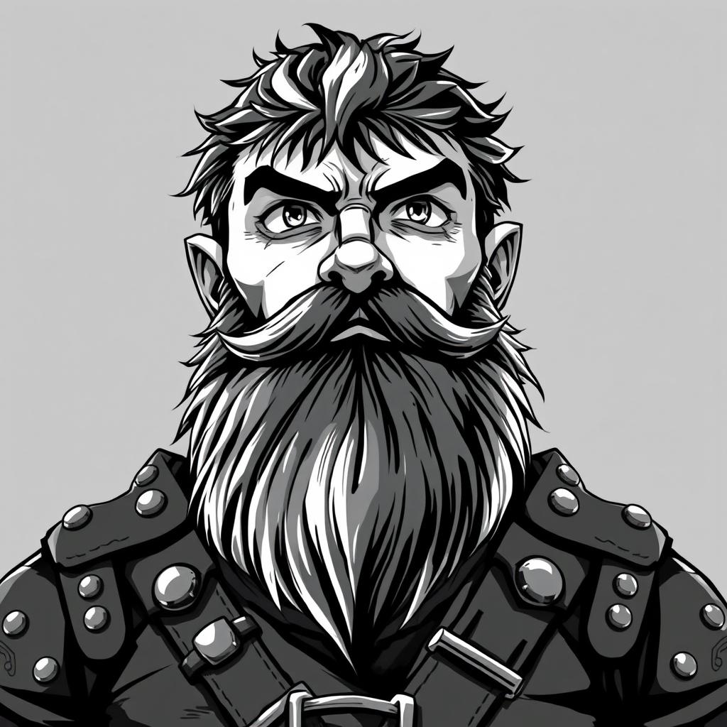 greyscale illustration of a dwarf rogue in anime style, featuring a van dyke beard and clad in studded leather armor