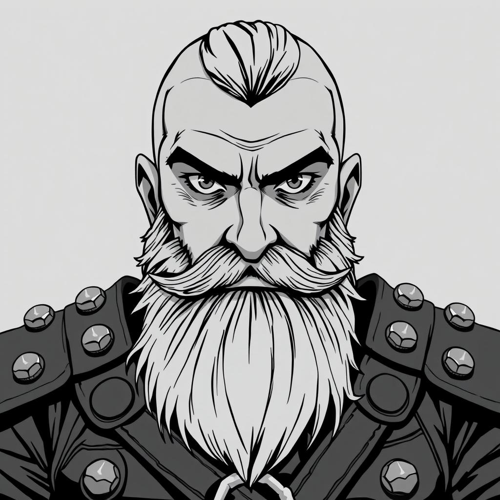 greyscale illustration of a dwarf rogue in anime style, featuring a van dyke beard and clad in studded leather armor