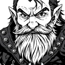 greyscale illustration of a dwarf rogue in anime style, featuring a van dyke beard and clad in studded leather armor