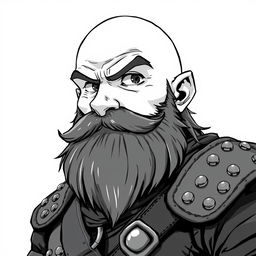 greyscale illustration of a dwarf rogue in anime style, featuring a van dyke beard and clad in studded leather armor