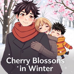 Book cover for 'Cherry Blossoms in Winter' in a cute anime style