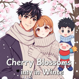 Book cover for 'Cherry Blossoms in Winter' in a cute anime style