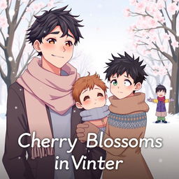 Book cover for 'Cherry Blossoms in Winter' in a cute anime style