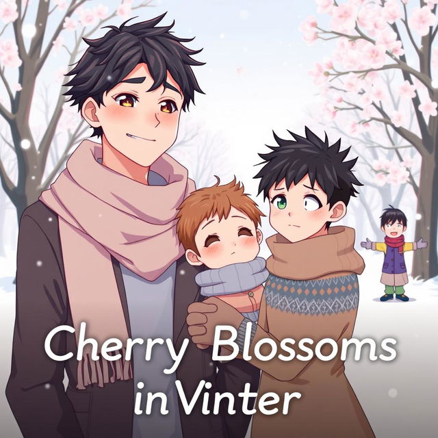 Book cover for 'Cherry Blossoms in Winter' in a cute anime style