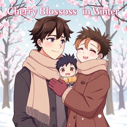 Book cover for 'Cherry Blossoms in Winter' in a cute anime style