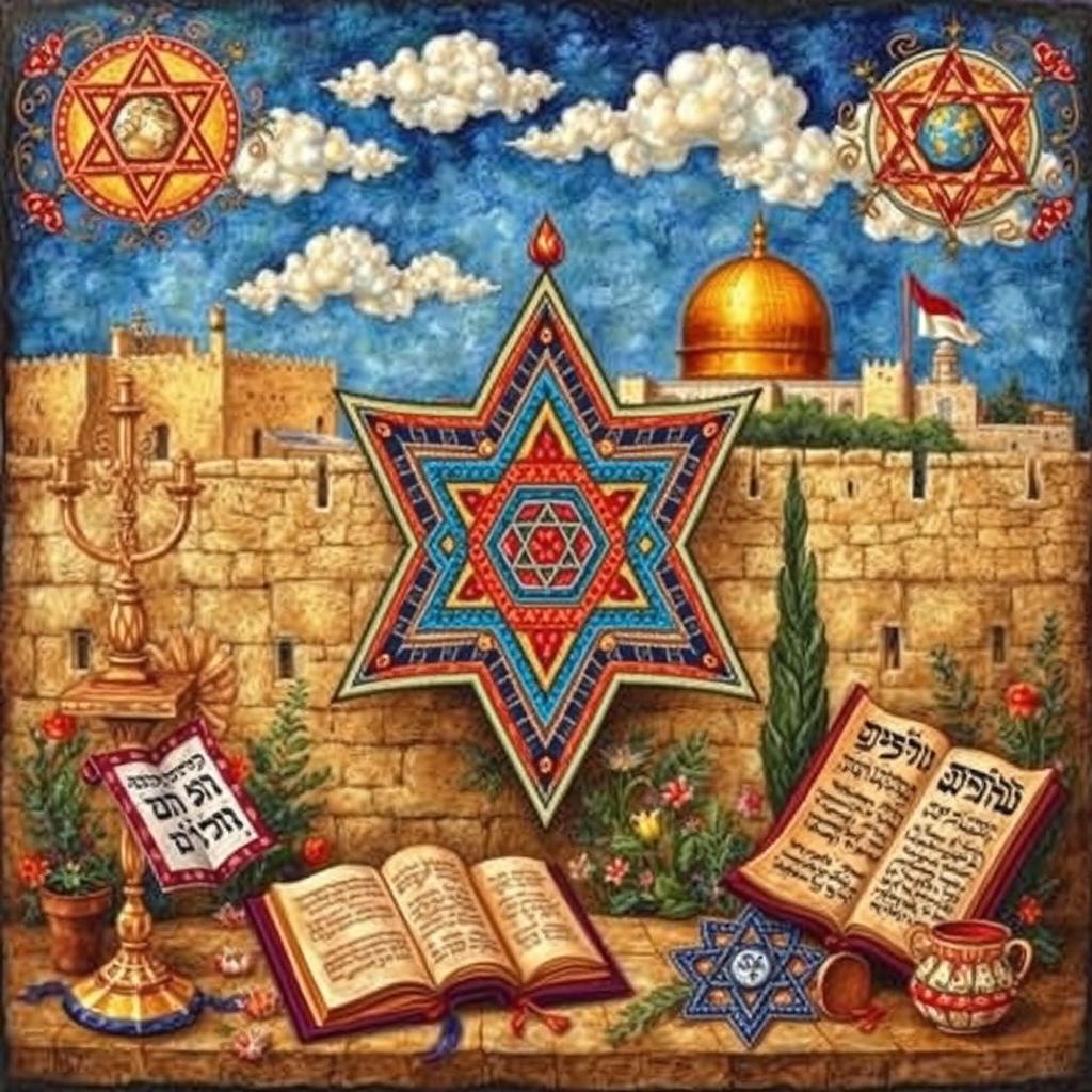 A rich depiction of Jewish art, showcasing a colorful and intricate Magen David (Star of David) surrounded by historical Jewish symbols such as the Menorah and Torah scrolls, set against a backdrop of Jerusalem's ancient walls