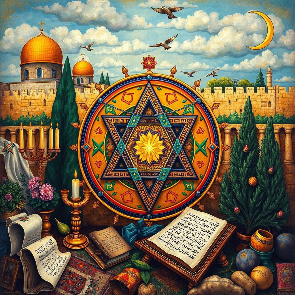 A rich depiction of Jewish art, showcasing a colorful and intricate Magen David (Star of David) surrounded by historical Jewish symbols such as the Menorah and Torah scrolls, set against a backdrop of Jerusalem's ancient walls