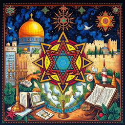 A rich depiction of Jewish art, showcasing a colorful and intricate Magen David (Star of David) surrounded by historical Jewish symbols such as the Menorah and Torah scrolls, set against a backdrop of Jerusalem's ancient walls