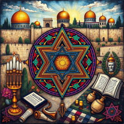 A rich depiction of Jewish art, showcasing a colorful and intricate Magen David (Star of David) surrounded by historical Jewish symbols such as the Menorah and Torah scrolls, set against a backdrop of Jerusalem's ancient walls