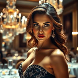 A stunning and alluring woman with captivating eyes, wearing an elegant evening gown that highlights her curves