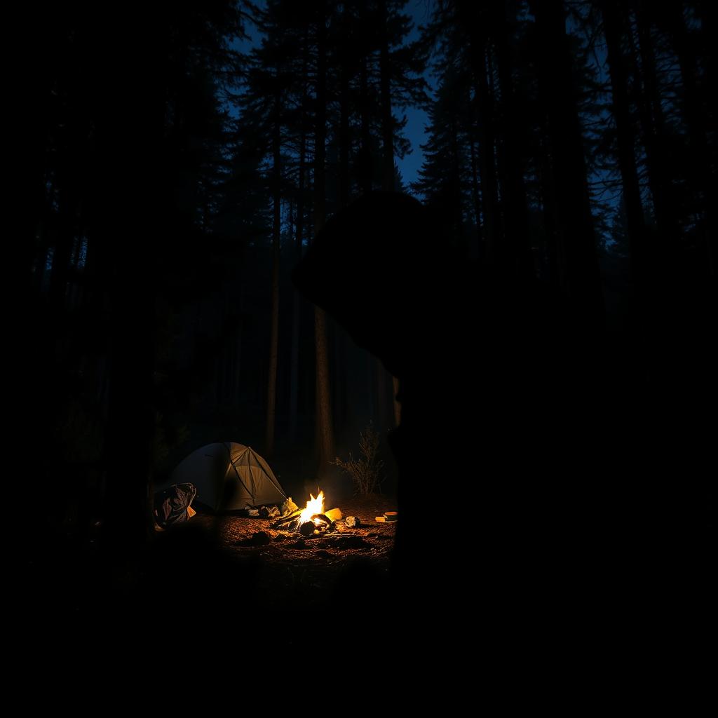 A shadowy and menacing figure lurking in the dense forest, embodying the presence of a serial killer who targets campers