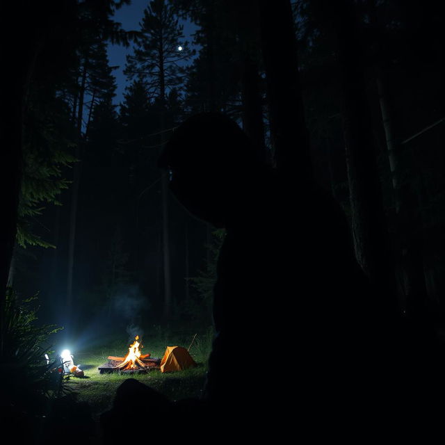 A shadowy and menacing figure lurking in the dense forest, embodying the presence of a serial killer who targets campers