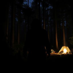 A shadowy and menacing figure lurking in the dense forest, embodying the presence of a serial killer who targets campers