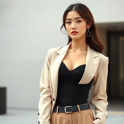 A stunning Korean woman with a confident and alluring pose