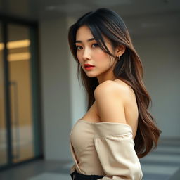 A stunning Korean woman with a confident and alluring pose